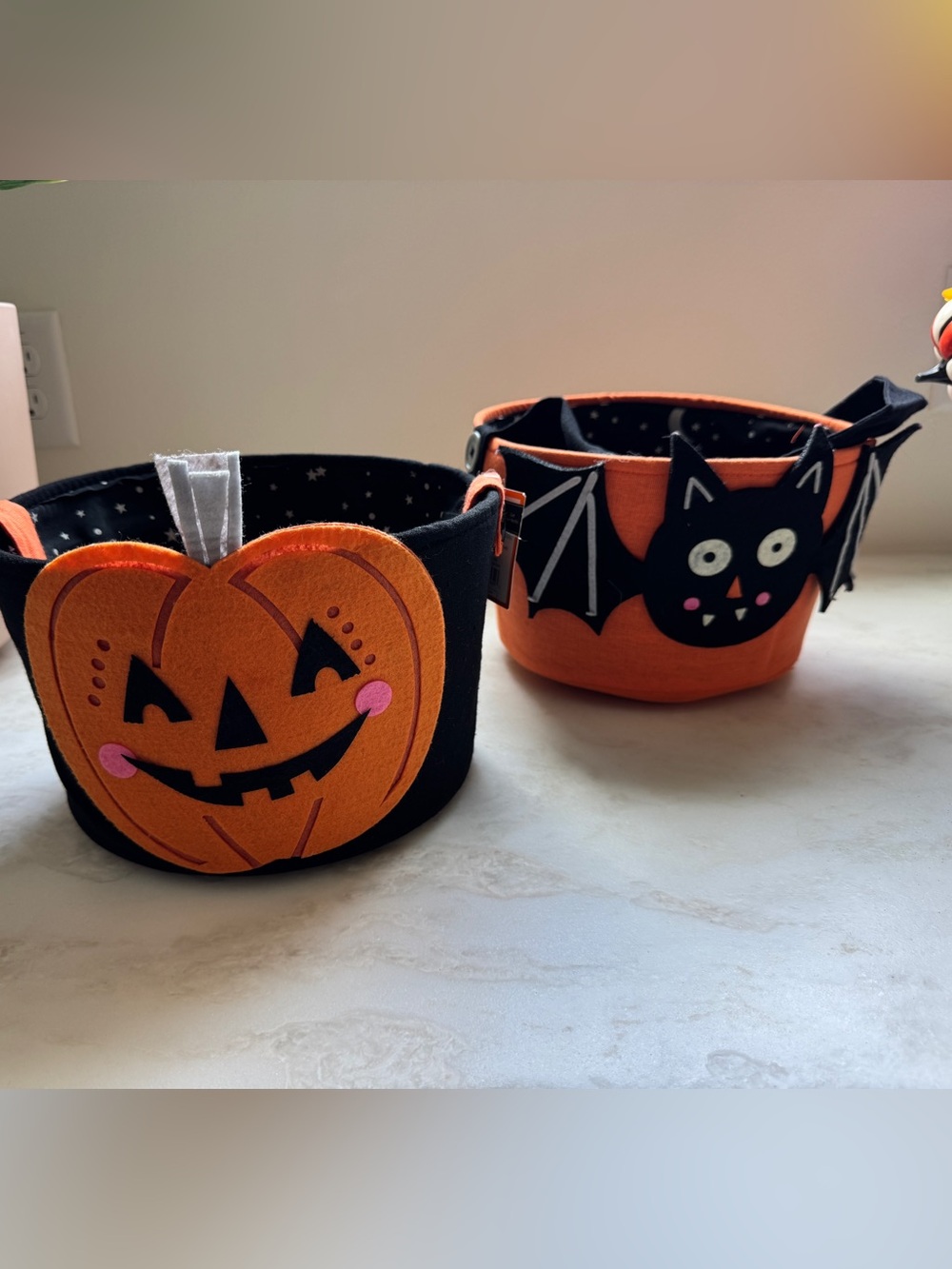 Kids Halloween Pumpkin and Bat trick or treat basket Set of 2 - Orange and Black